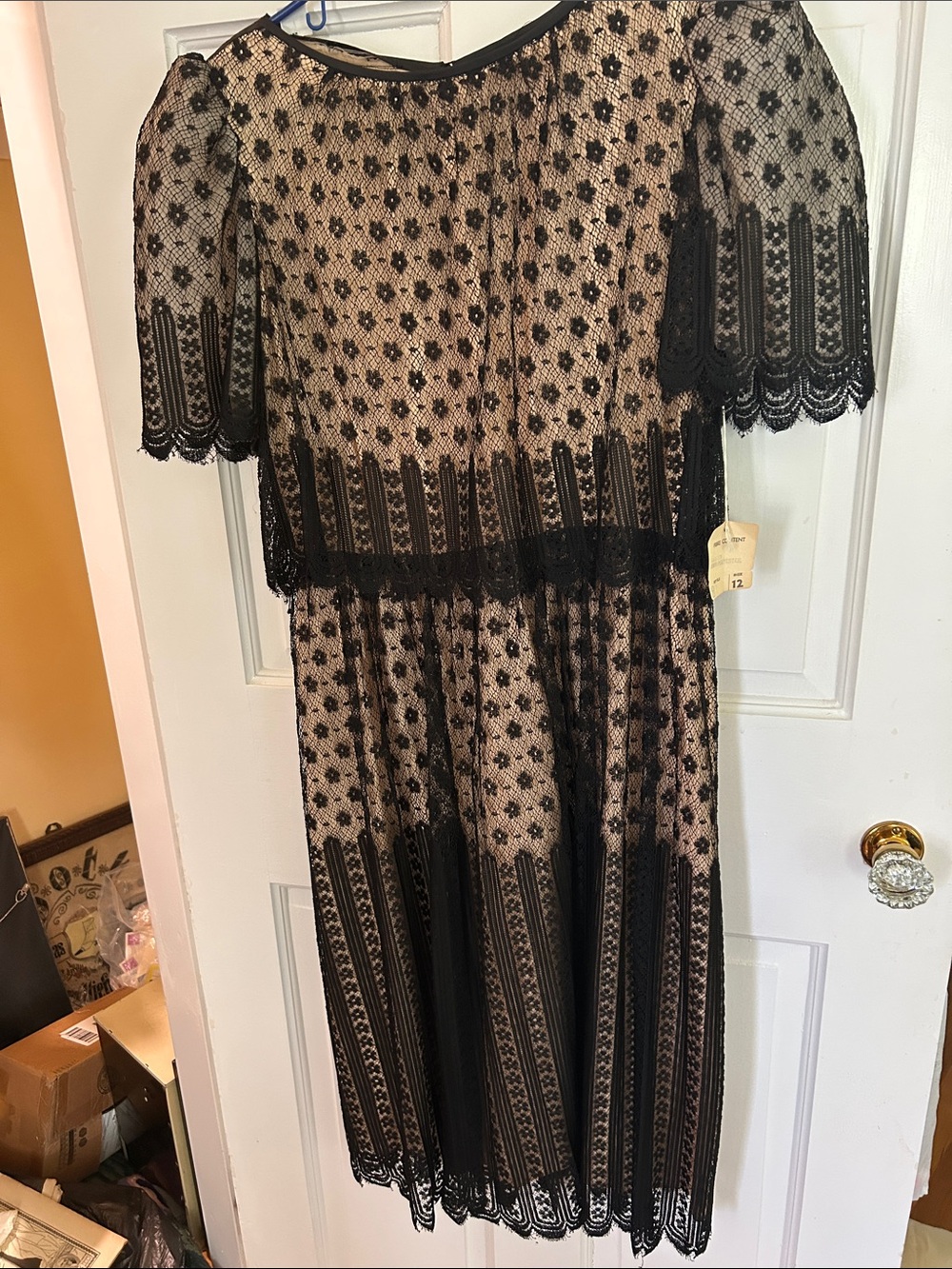 Vintage Lace Overlay Midi Dress with Nude  Underlay.Zipper in back. NWT